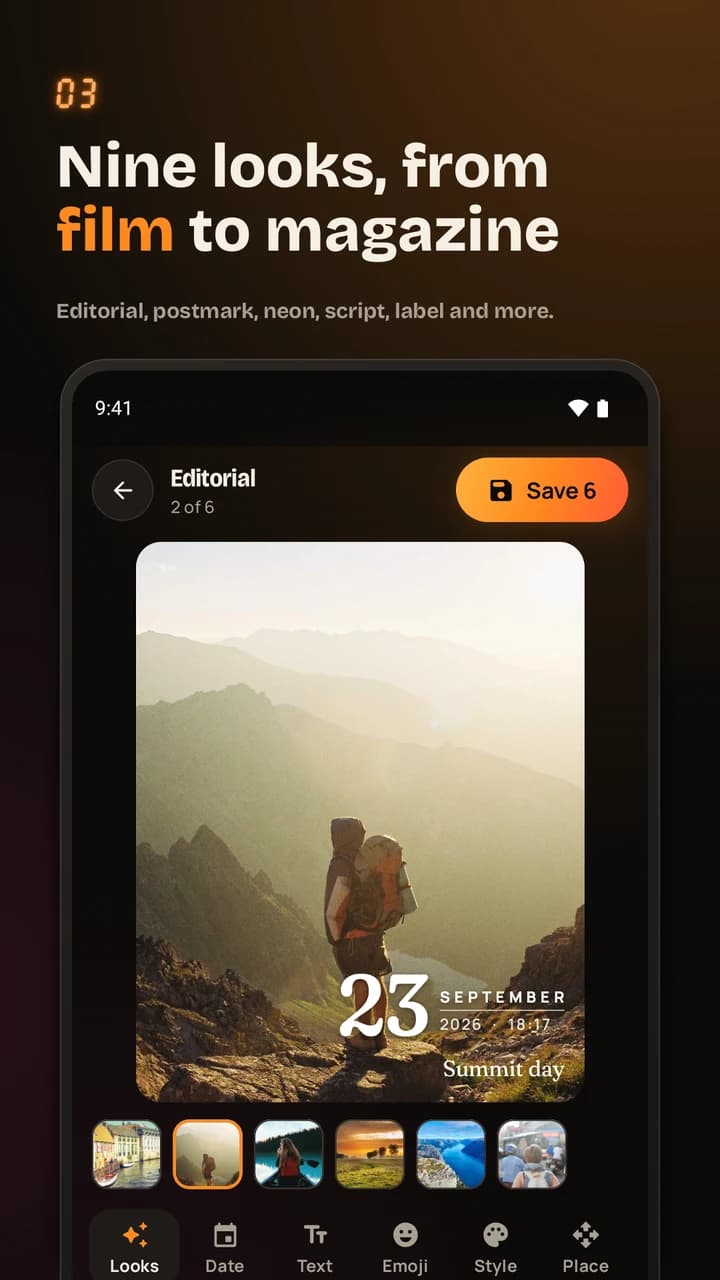 Datelight’s Editorial look places a styled date and caption on a hiking photo.