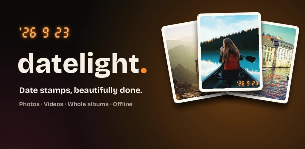 Datelight photo editor with retro Film, Editorial and Postmark date stamps.