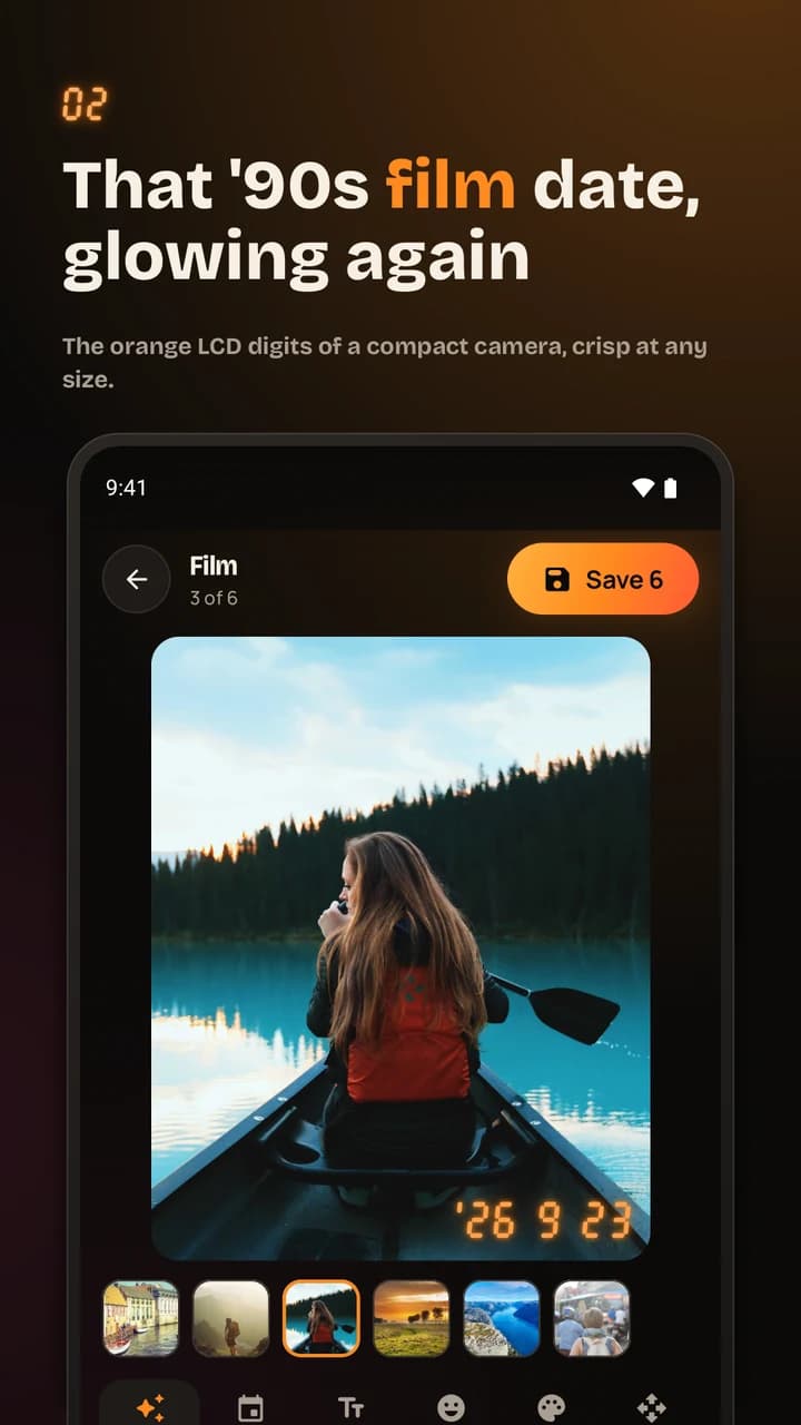 Datelight’s Film look adds glowing orange date digits to a canoe photo.