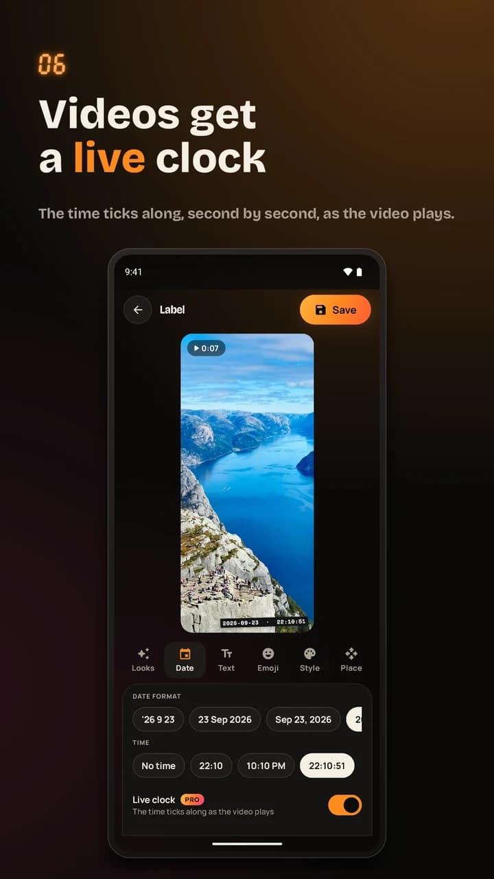 Datelight’s Pro video editor with its live clock option enabled.